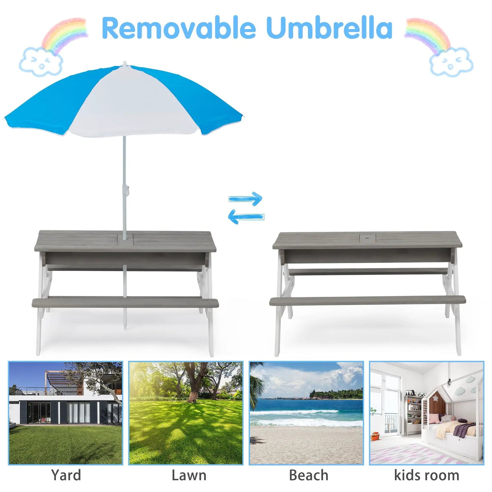 Two 3-in-1 Kids Outdoor Wooden Picnic Tables with removable blue umbrellas by Unique Piece Furniture on Tampa Home & Garden Store