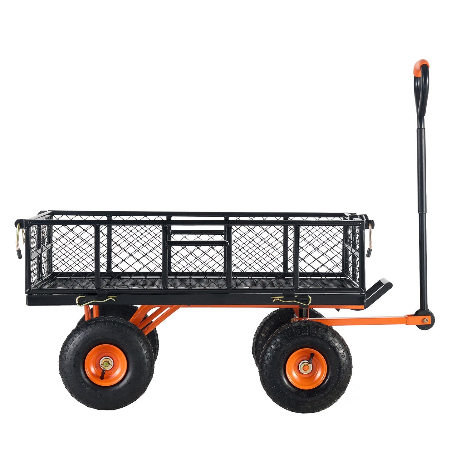 Metal garden dump cart with 4 wheels, orange frame, black wire mesh basket, convertible handle on Tampa Home & Garden Store