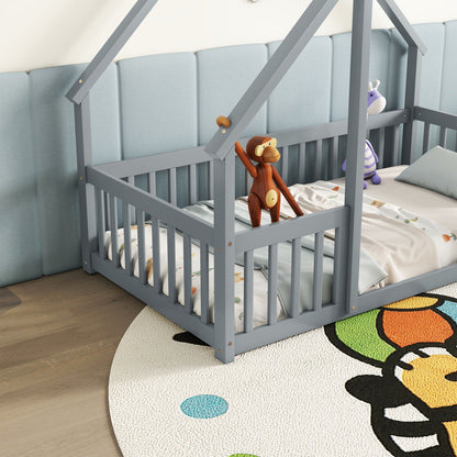 A Wood House Floor Bed with Guardrail Fence