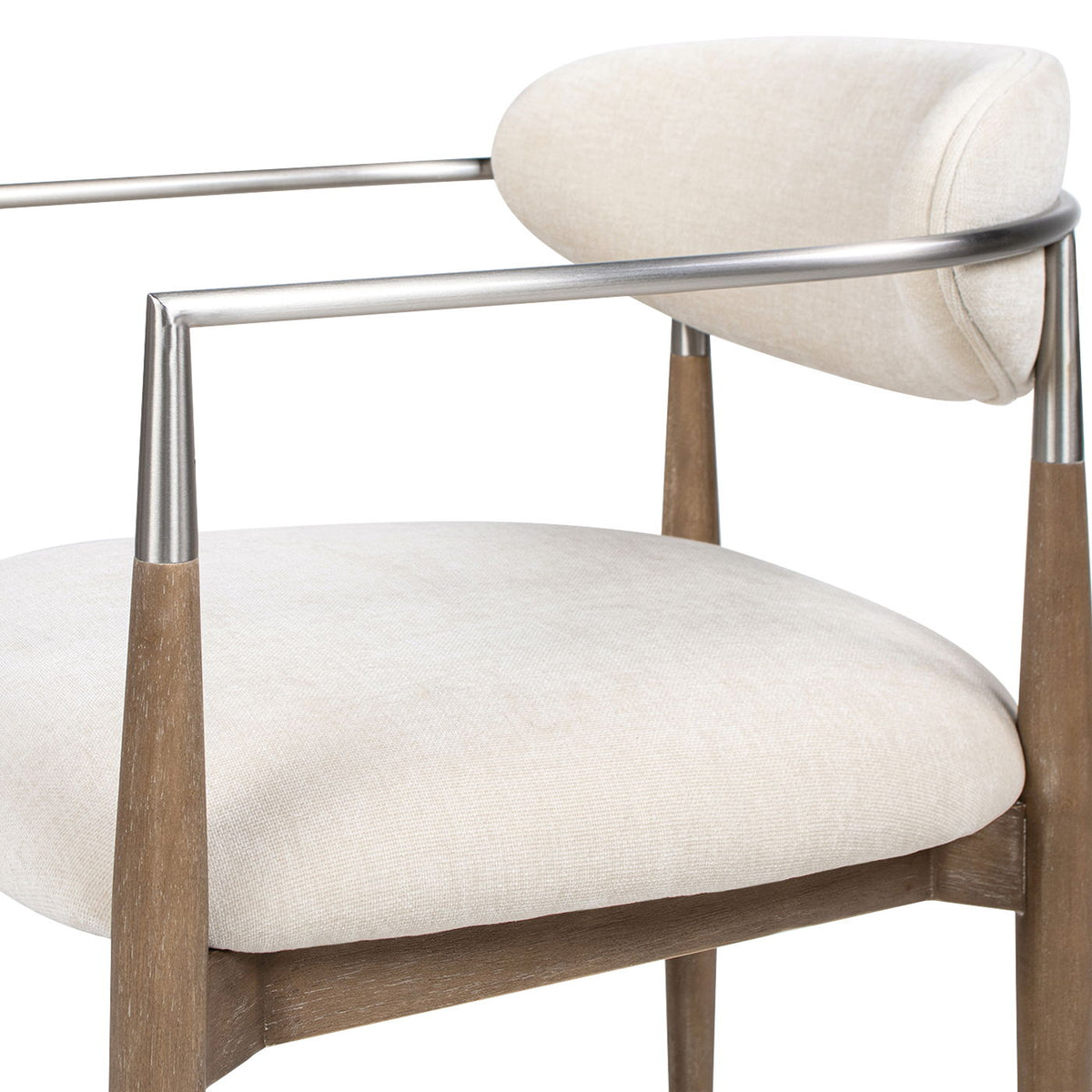 Artemis mixed material dining arm chair brushed nickel arms warm white upholstery on Tampa Home & Garden Store