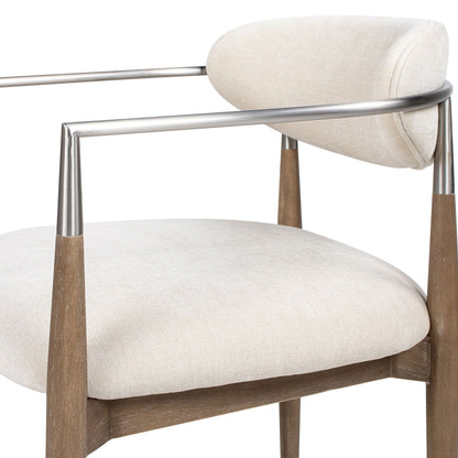 Artemis mixed material dining arm chair brushed nickel arms warm white upholstery on Tampa Home & Garden Store