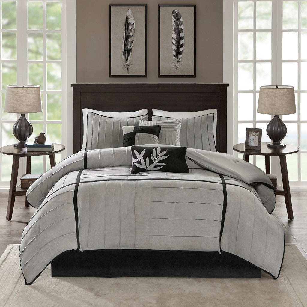 7 Piece Faux Suede Comforter Set Grey Queen with coordinating shams on Tampa Home & Garden Store