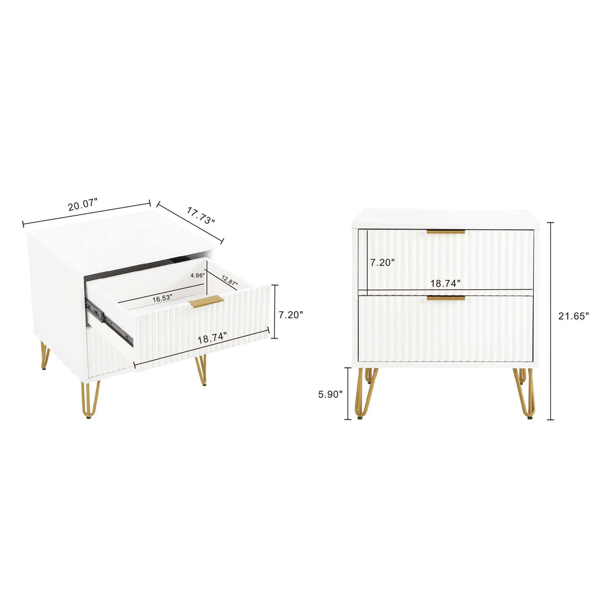 Dumbo Nightstand with 2 drawers and fluted fronts by HouseOfZazla white finish with gold legs on Tampa Home & Garden Store