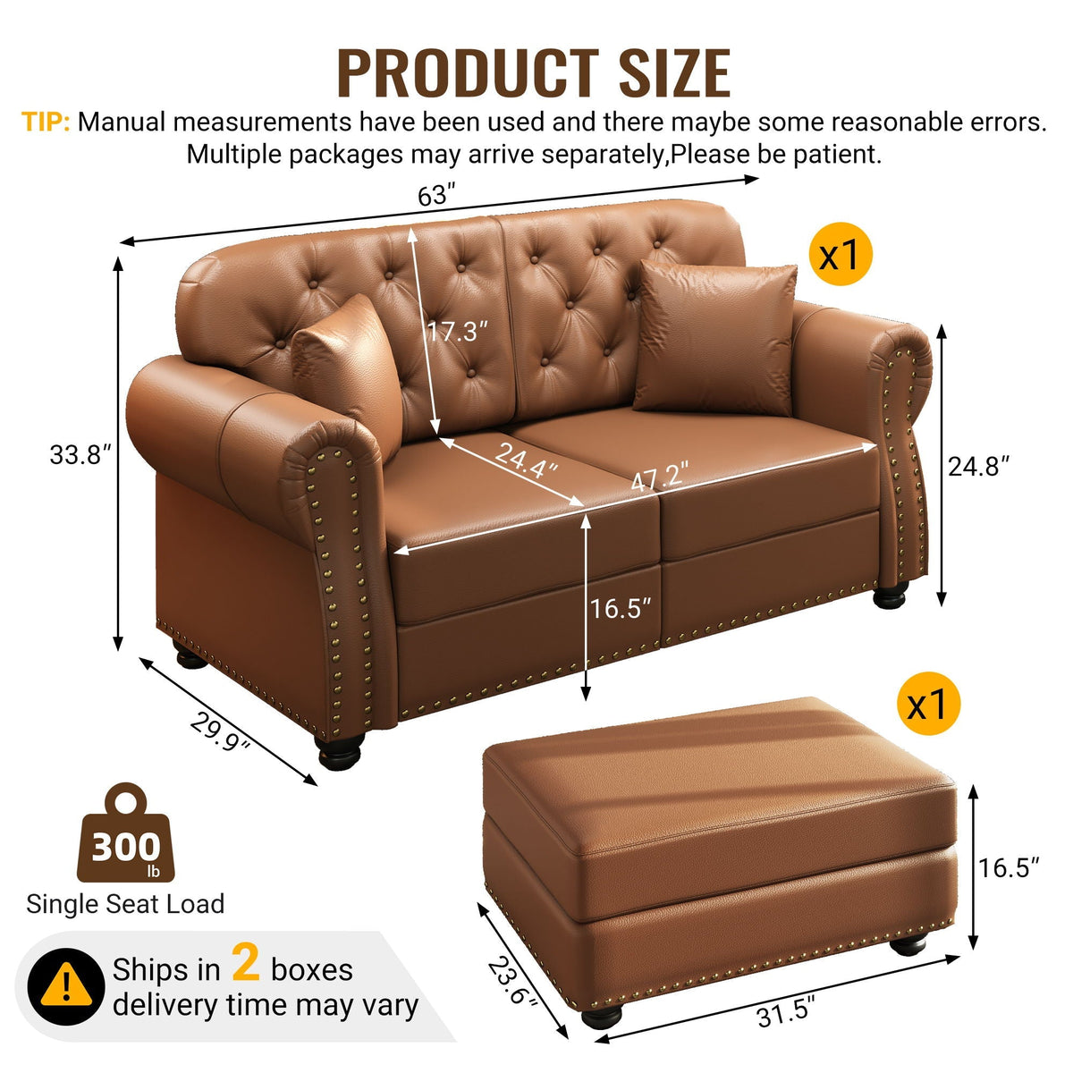 Upholstered Sofa with Nailhead and Ottoman
