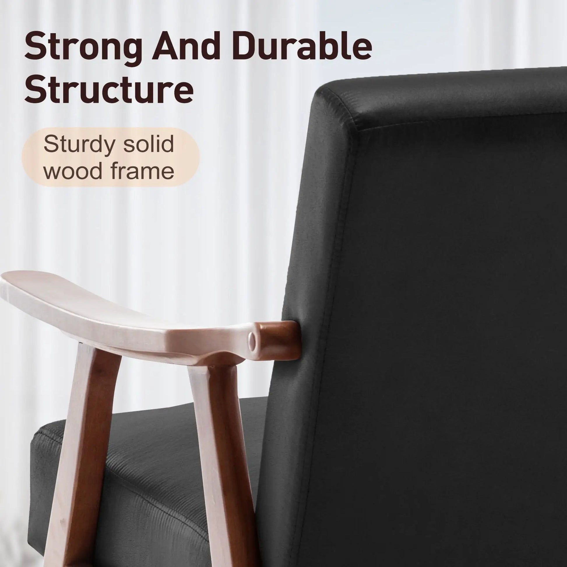 Mid Century Modern accent arm chair with solid wood frame and extra thick back, dark upholstery on Tampa Home & Garden Store