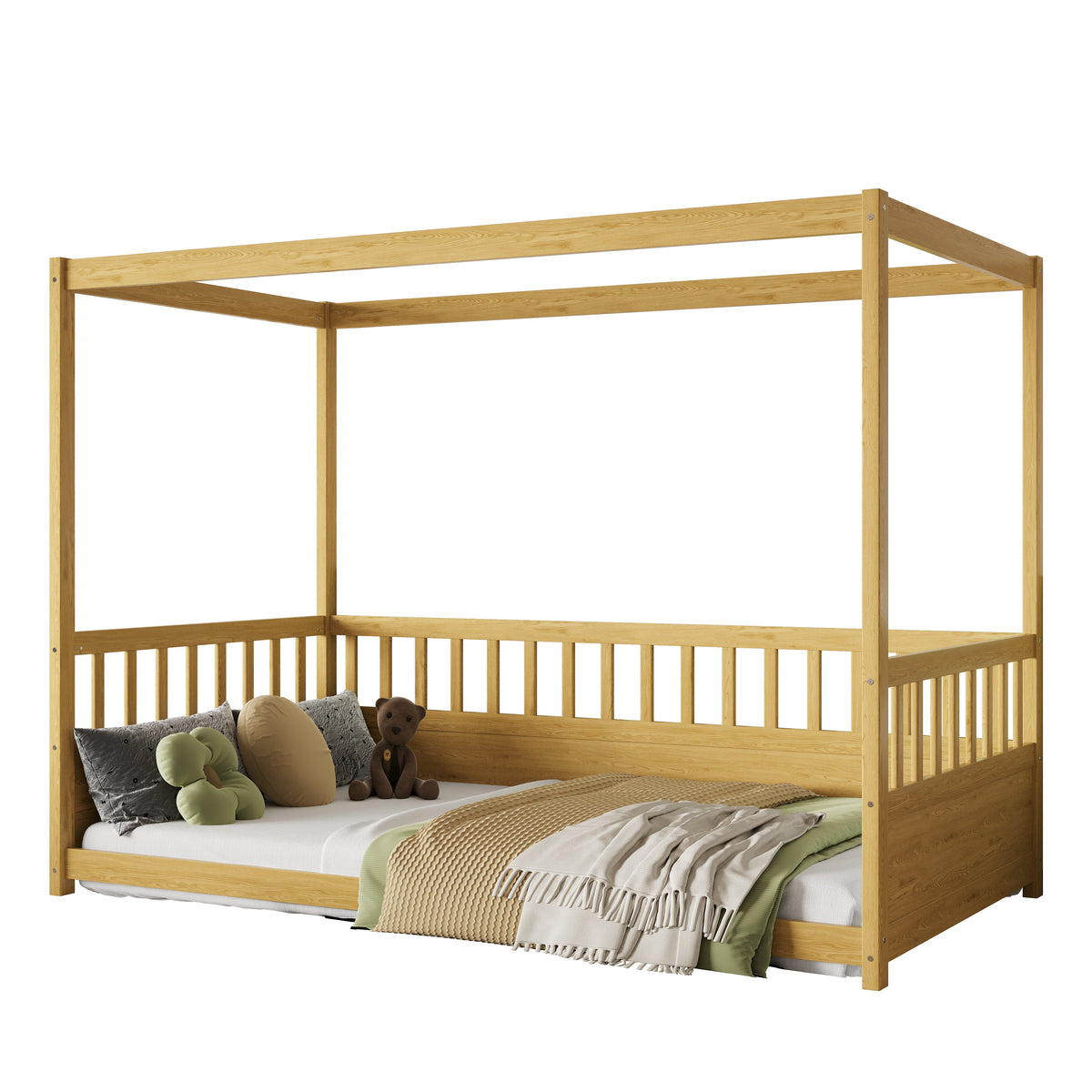 Twin size canopy bed frame with guardrails in natural oak finish by HouseOfZazla on Tampa Home & Garden Store