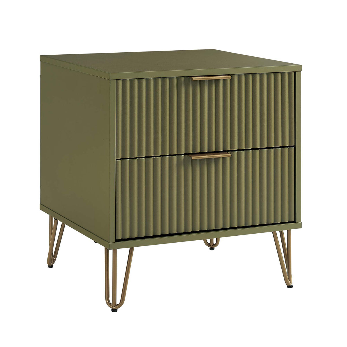 Dumbo Nightstand 2-drawer, olive green with fluted fronts and gold handles, HouseOfZazla on Tampa Home & Garden Store