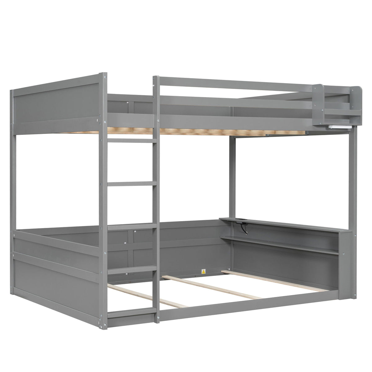 HouseOfZazla gray bunk bed with built in shelves, storage box, LED light and USB charging on Tampa Home & Garden Store