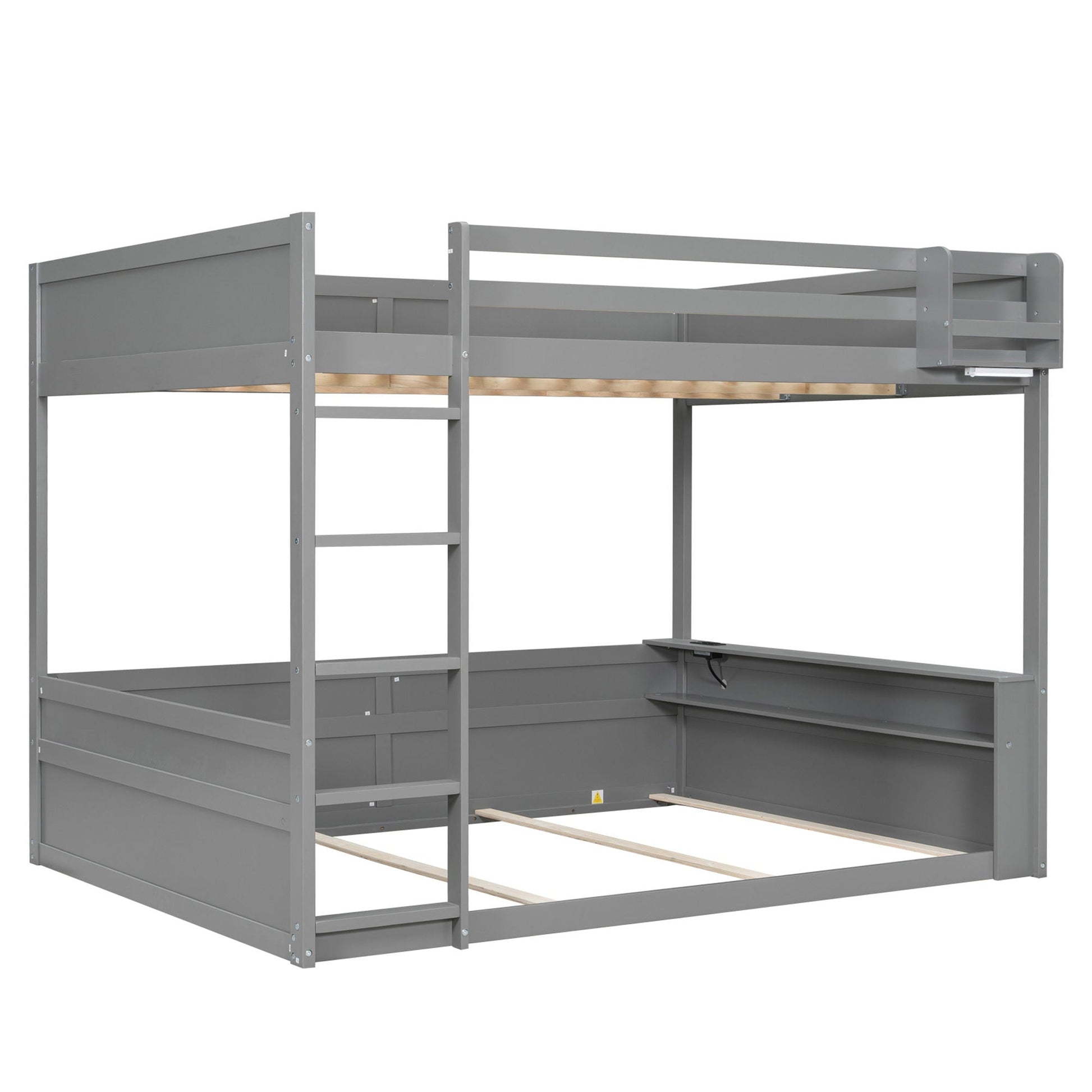 HouseOfZazla gray bunk bed with built in shelves, storage box, LED light and USB charging on Tampa Home & Garden Store