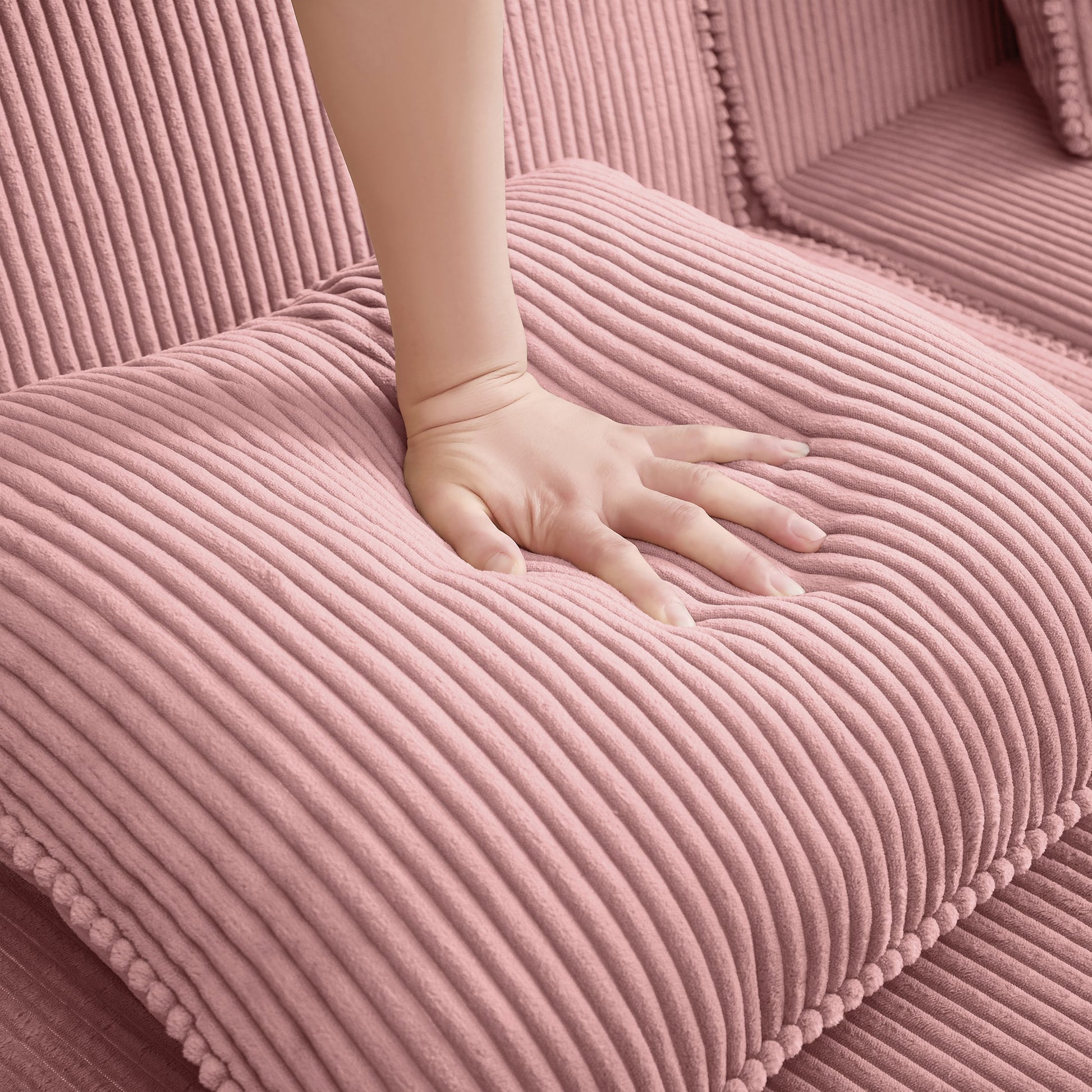 Modular 4-seat L-shape boneless sofa pink corduroy upholstery close-up HouseOfZazla on Tampa Home & Garden Store