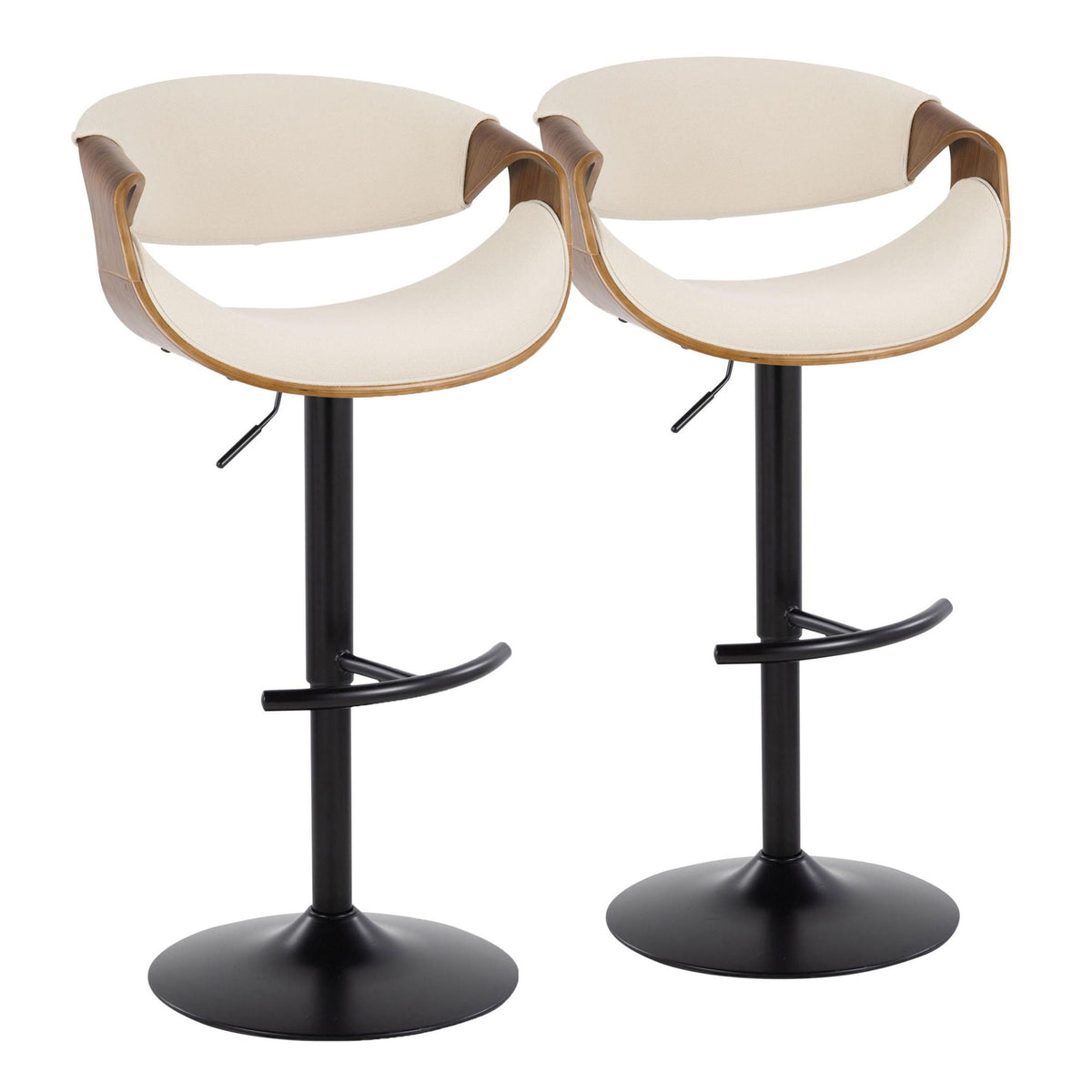 Mid Century Modern adjustable barstool set with swivel, beige upholstery, wood arms, 2 stools on Tampa Home & Garden Store