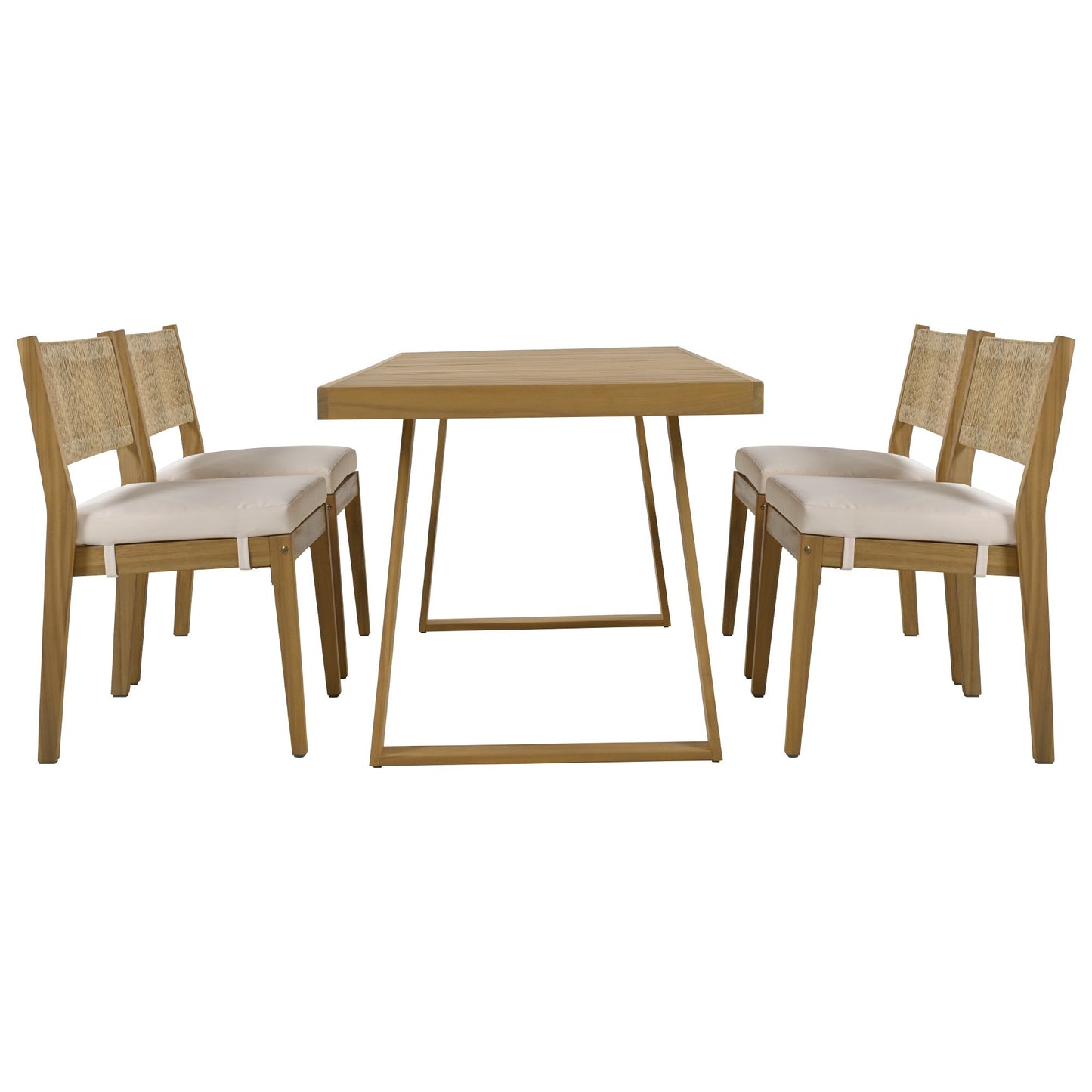 U_Style outdoor acacia wood dining table with 4 chairs, beige cushions, natural finish on Tampa Home & Garden Store