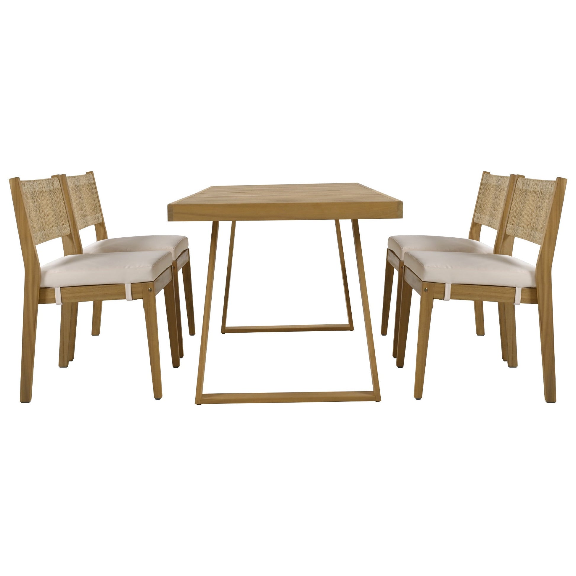 U_Style outdoor acacia wood dining table with 4 chairs, beige cushions, natural finish on Tampa Home & Garden Store