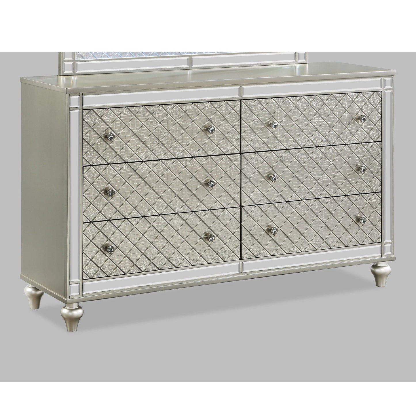 Six Drawer Dresser With Diamond Patterned Silver