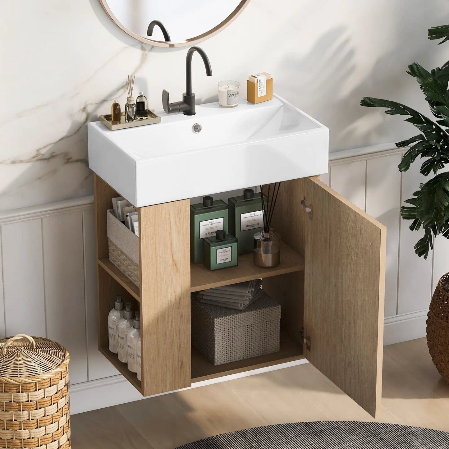 Compact Modern Floating Vanity with Ceramic Basin