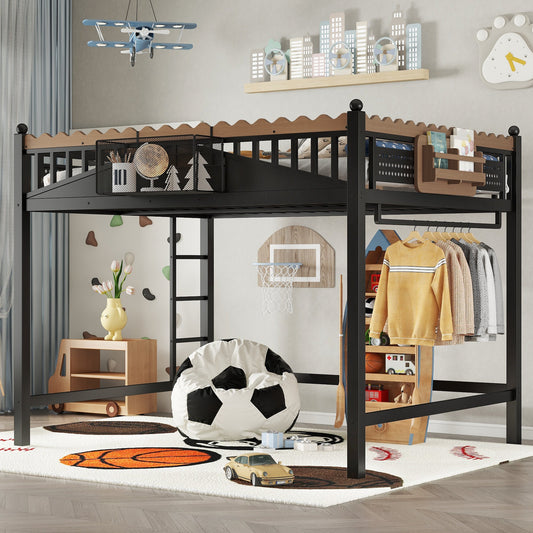 Queen size loft bed by HouseOfZazla with black metal frame, wood guardrail and ladder on top on Tampa Home & Garden Store