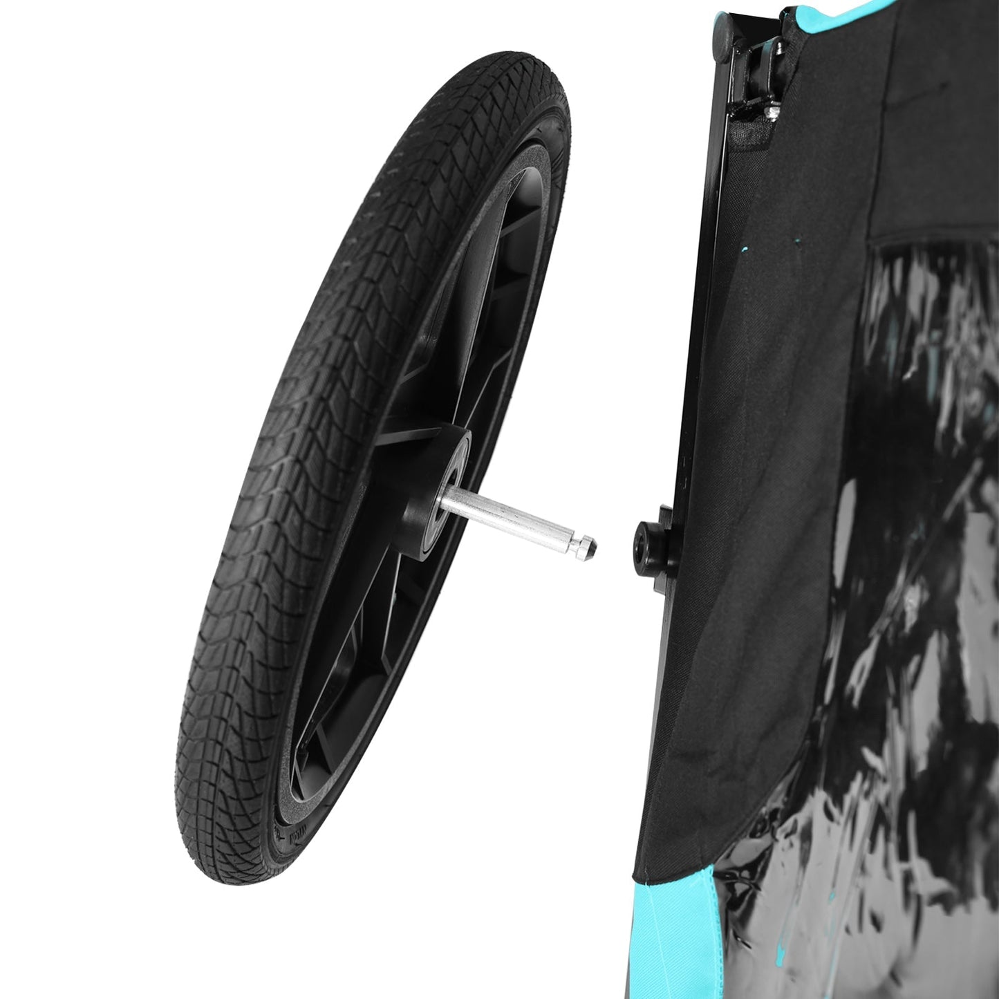 Pet Bike Trailer wheel closeup for HouseOfZazla dog cart with turquoise trim on Tampa Home & Garden Store