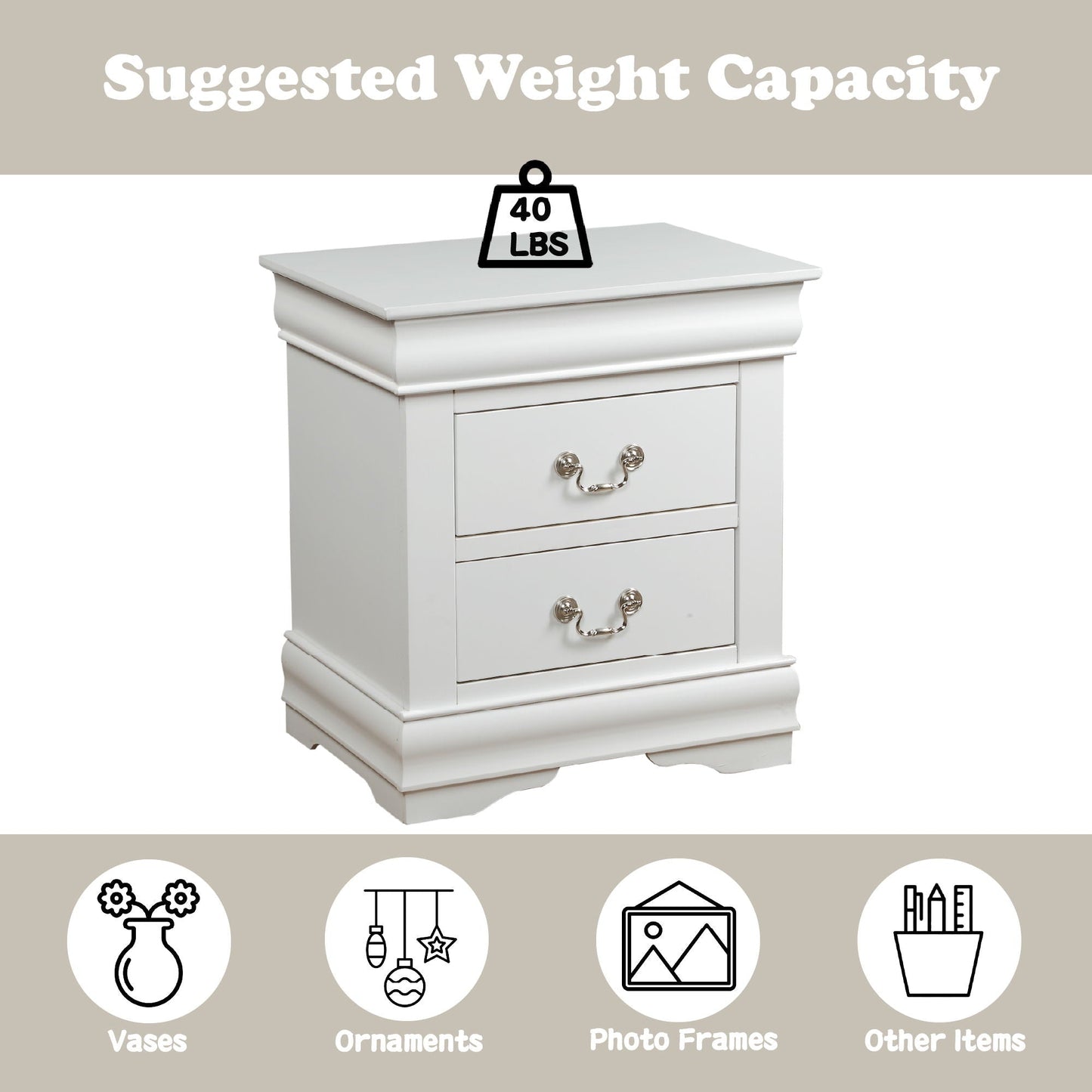 Louis Philippe Accent Nightstand, white wood with 4 drawers and silver pulls on Tampa Home & Garden Store