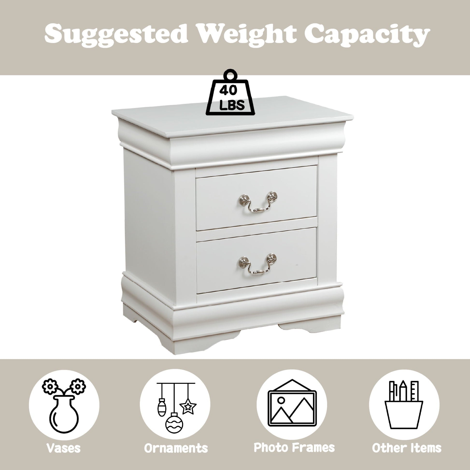 Louis Philippe Accent Nightstand, white wood with 4 drawers and silver pulls on Tampa Home & Garden Store