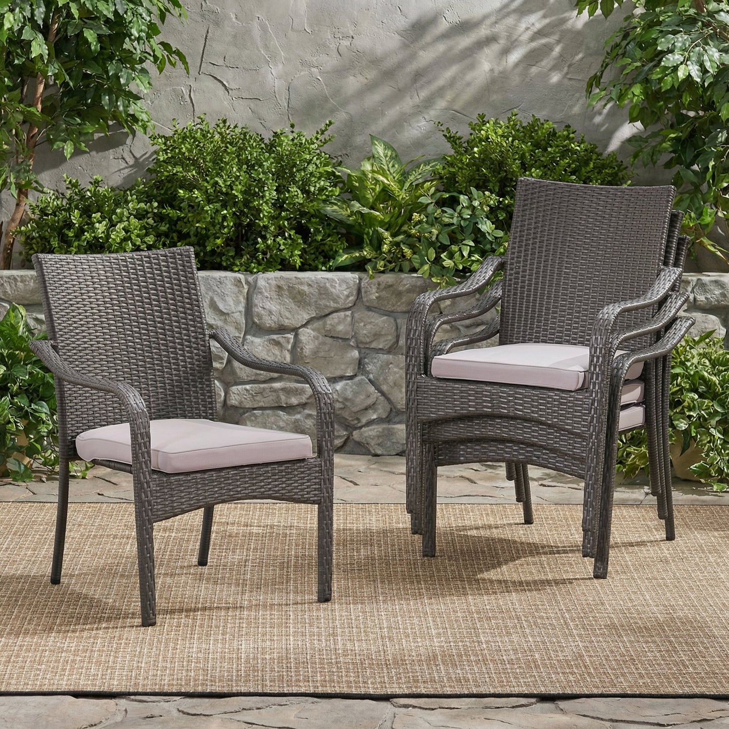 4 Outdoor PE Rattan Stack Chairs with Iron Frame