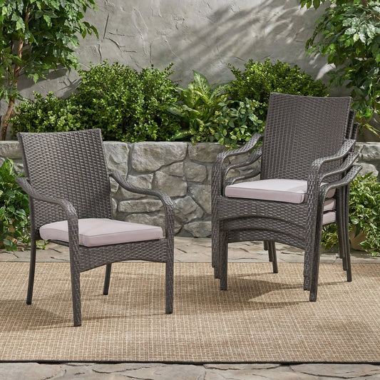 Outdoor PE rattan stacking chairs with iron-frame and pale pink cushions, set of 4 on Tampa Home & Garden Store