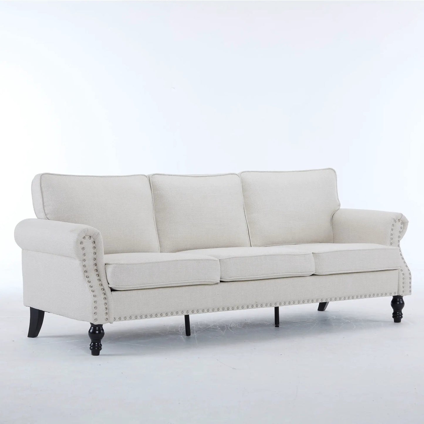 Rolled Arm Sofa with Nailhead Trim and Wooden Legs in beige upholstery on Tampa Home & Garden Store