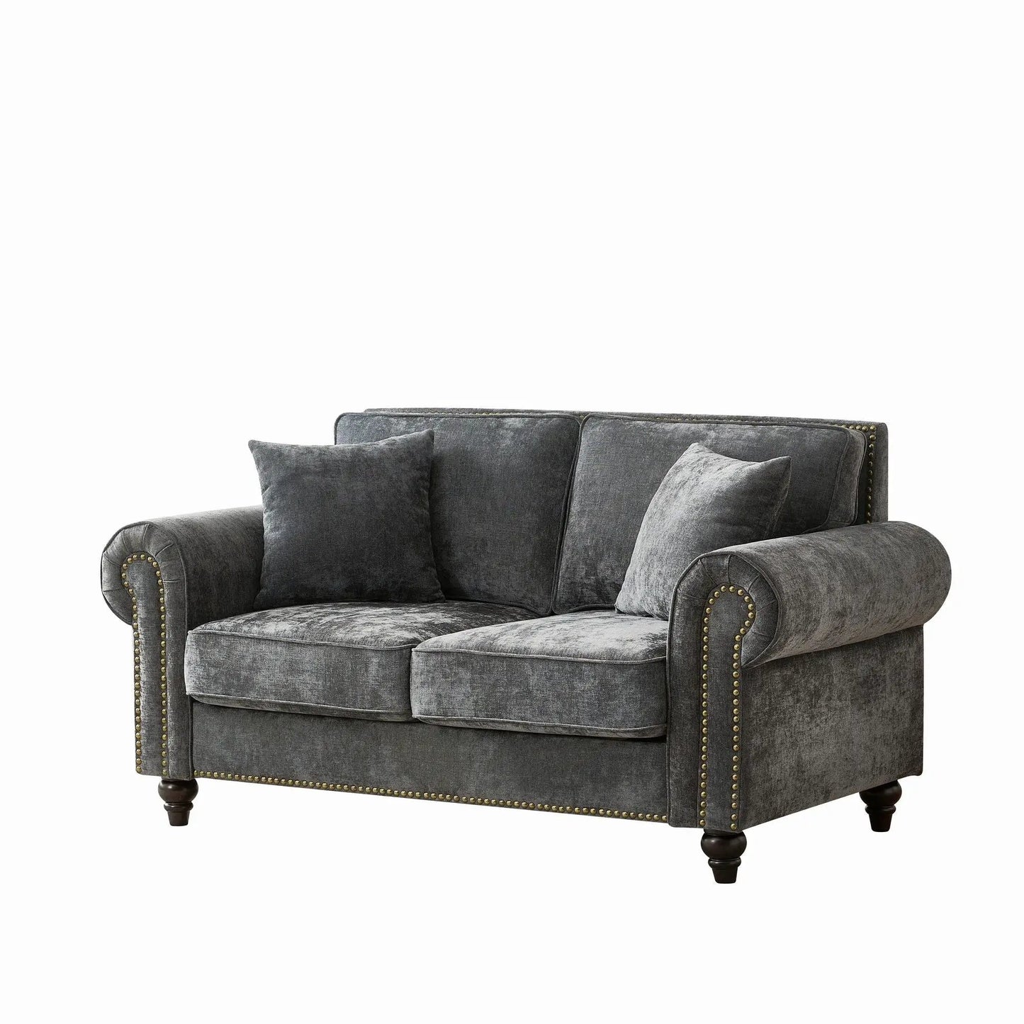 2 seater sofa with rolled arms and tufted upholstery in charcoal gray velvet on Tampa Home & Garden Store