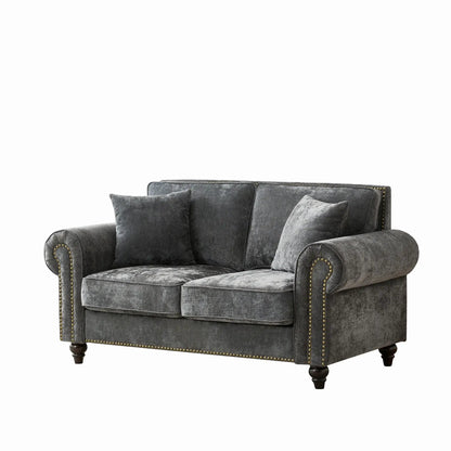 2 seater sofa with rolled arms and tufted upholstery in charcoal gray velvet on Tampa Home & Garden Store