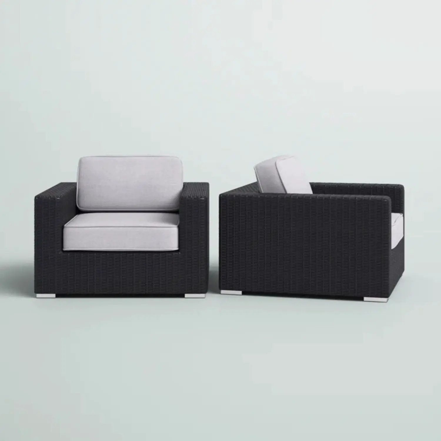 Patio arm chairs in black wicker with light gray cushions, two-piece outdoor seating on Tampa Home & Garden Store