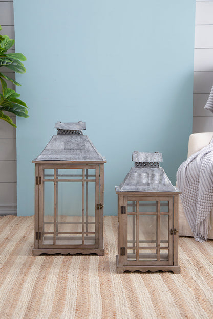 Two S/2 Classic Scape Lanterns, gray wooden lanterns with glass panels and metal roofs on Tampa Home & Garden Store