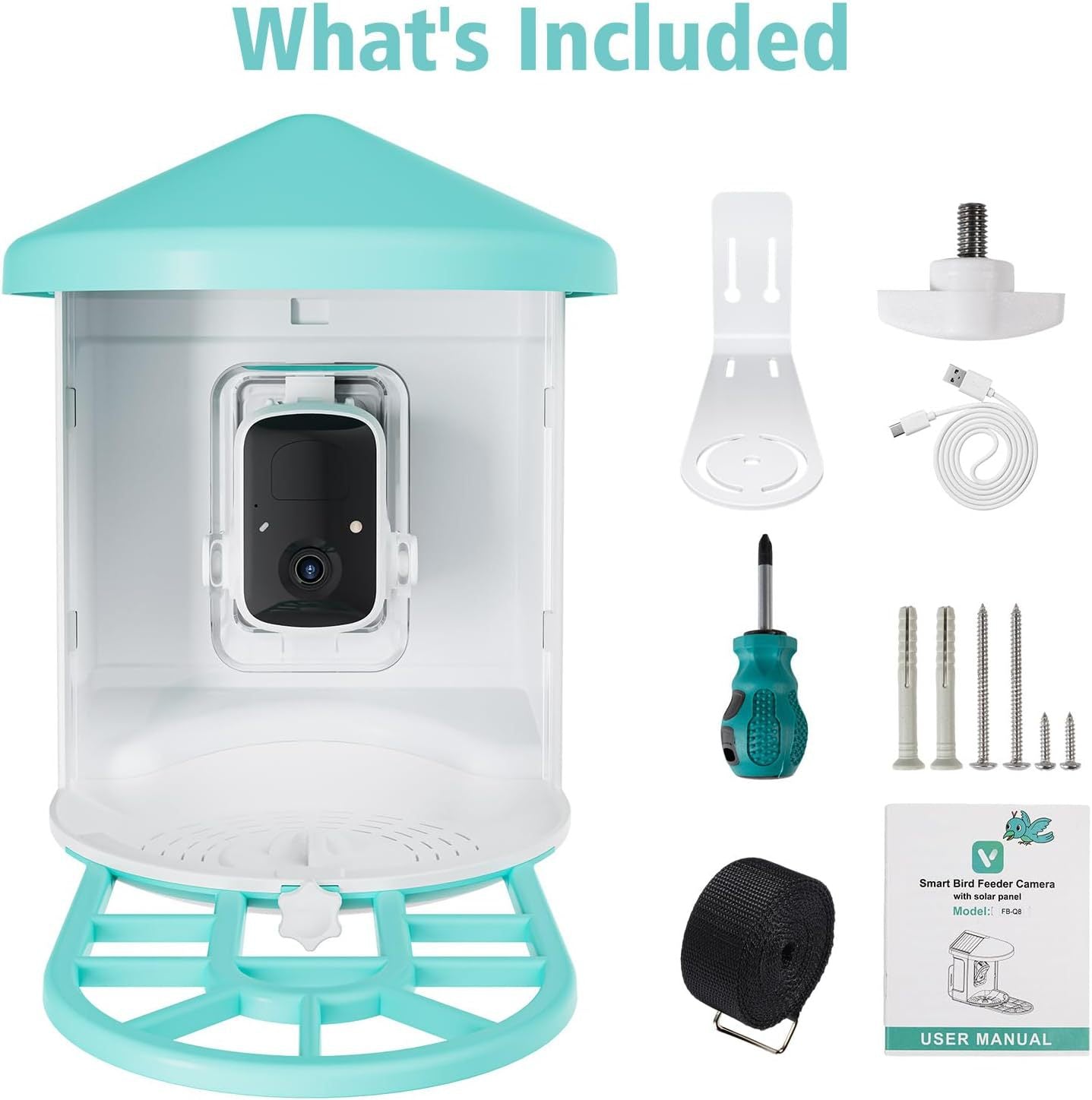 Smart Feeder Surveillance Wireless Camera kit in teal with mounting bracket, screws, USB cable, screwdriver on Tampa Home & Garden Store