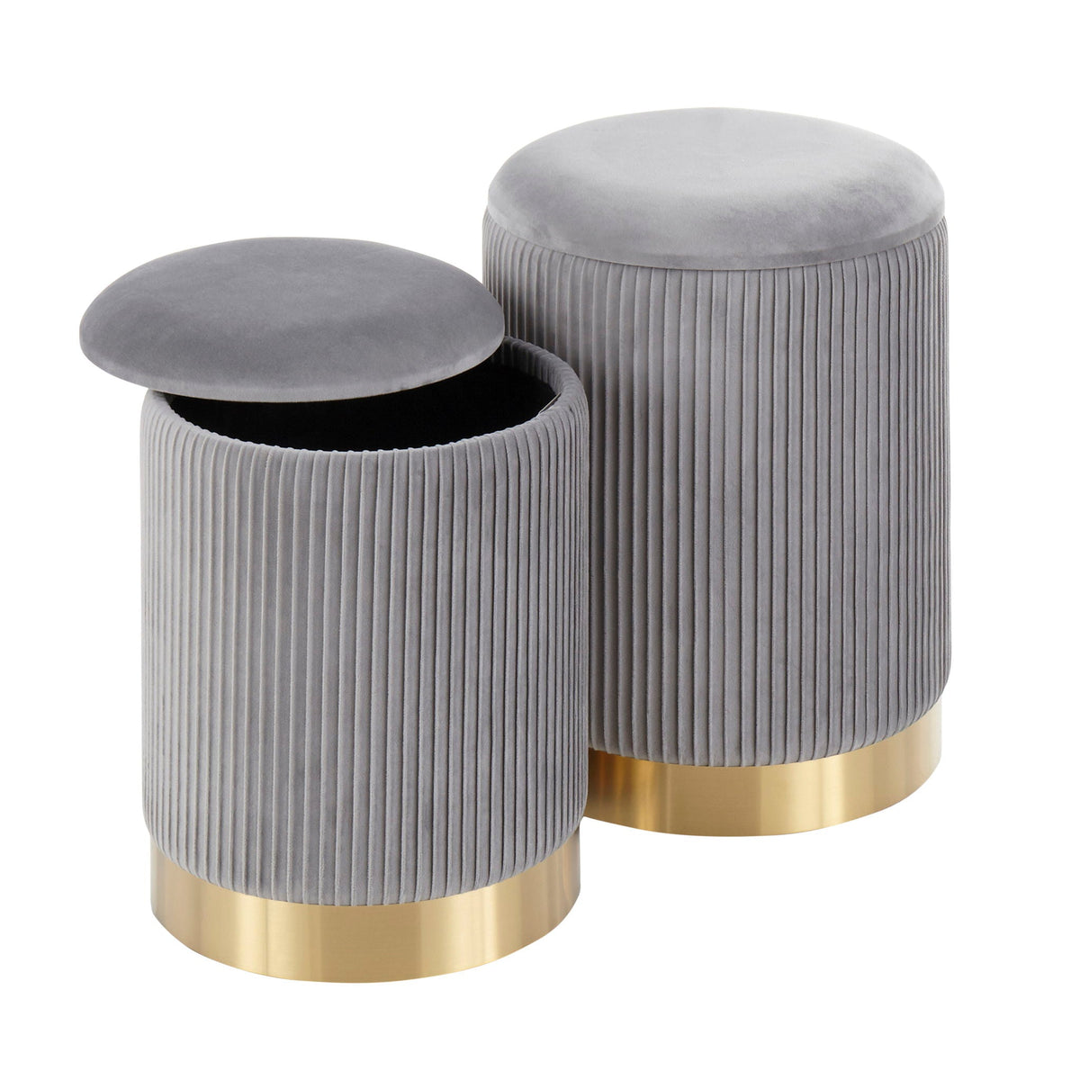 Contemporary nesting pleated ottomans in gray velvet with gold bases, 3-piece set on Tampa Home & Garden Store