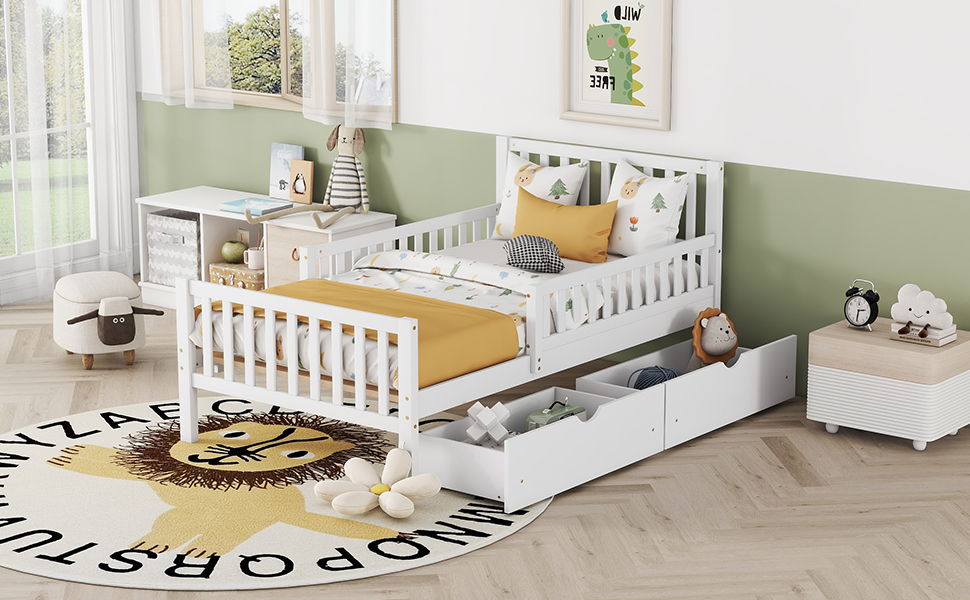Platform bed with guardrails on both sides and 2 storage drawers, white, by HouseOfZazla on Tampa Home & Garden Store