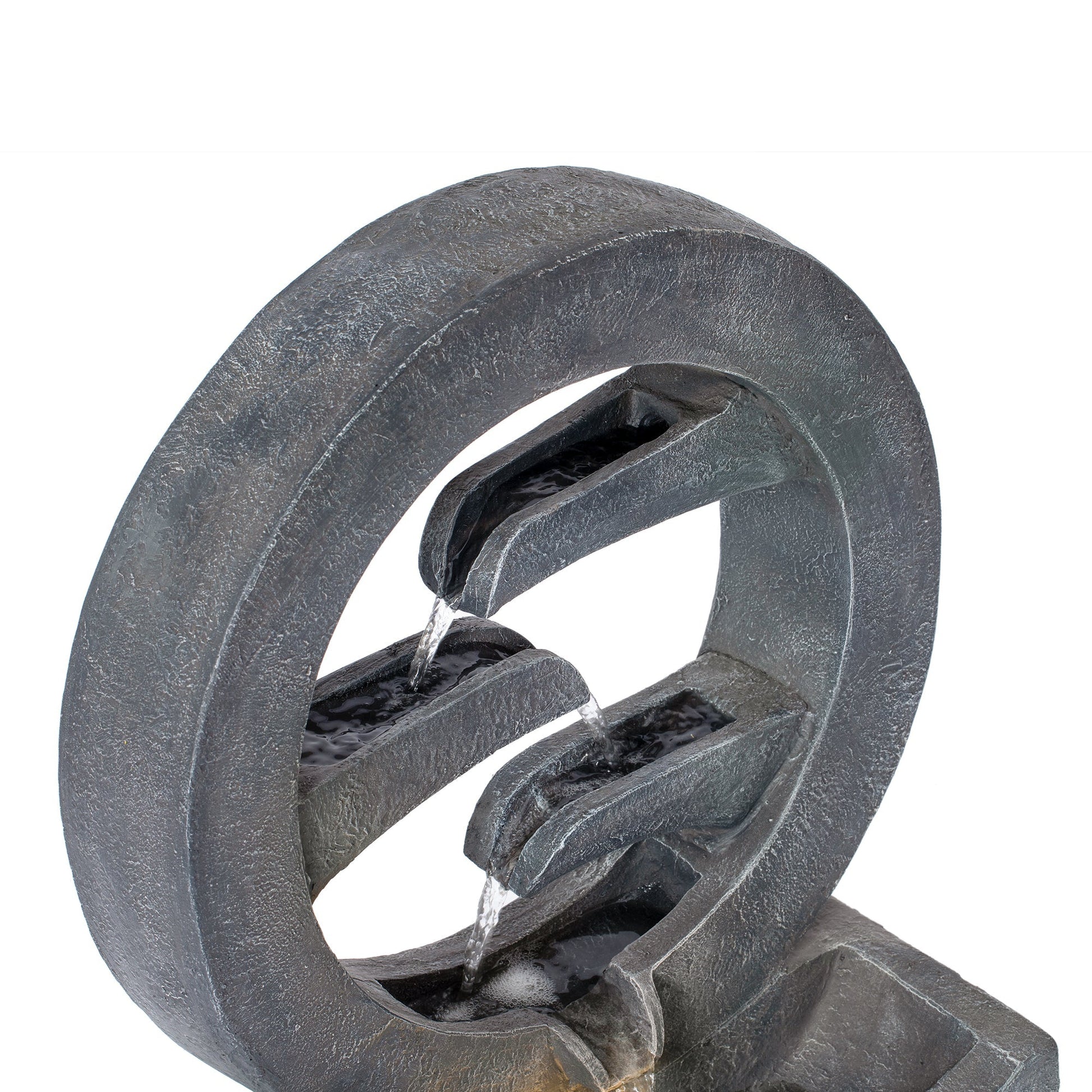 Gray circular polyresin outdoor water fountain with LED light; spiral ring sculpture on Tampa Home & Garden Store