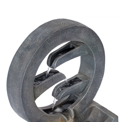 Gray circular polyresin outdoor water fountain with LED light; spiral ring sculpture on Tampa Home & Garden Store