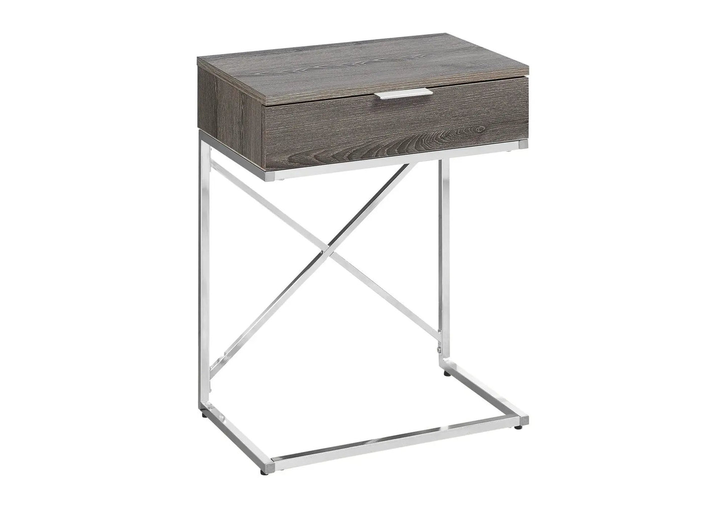 Accent Side Table with storage drawer in taupe wood finish on chrome X-frame legs on Tampa Home & Garden Store