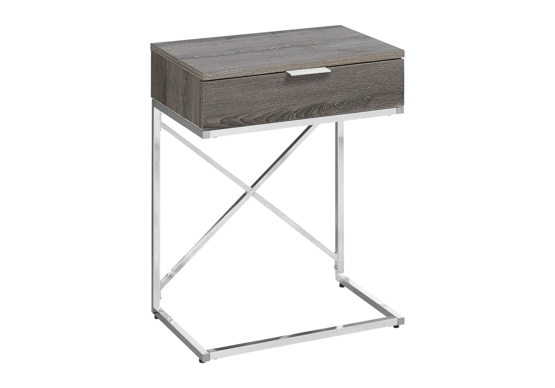 Accent Side Table with storage drawer in taupe wood finish on chrome X-frame legs on Tampa Home & Garden Store