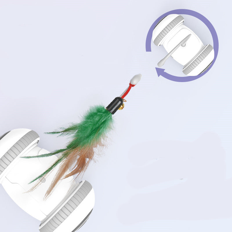 Interactive Cat Toy With Interchangeable Heads; white base, grey wheels, green feather lure on Tampa Home & Garden Store