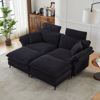 Modern deep-seat sectional sofa with ottoman in black corduroy fabric on Tampa Home & Garden Store