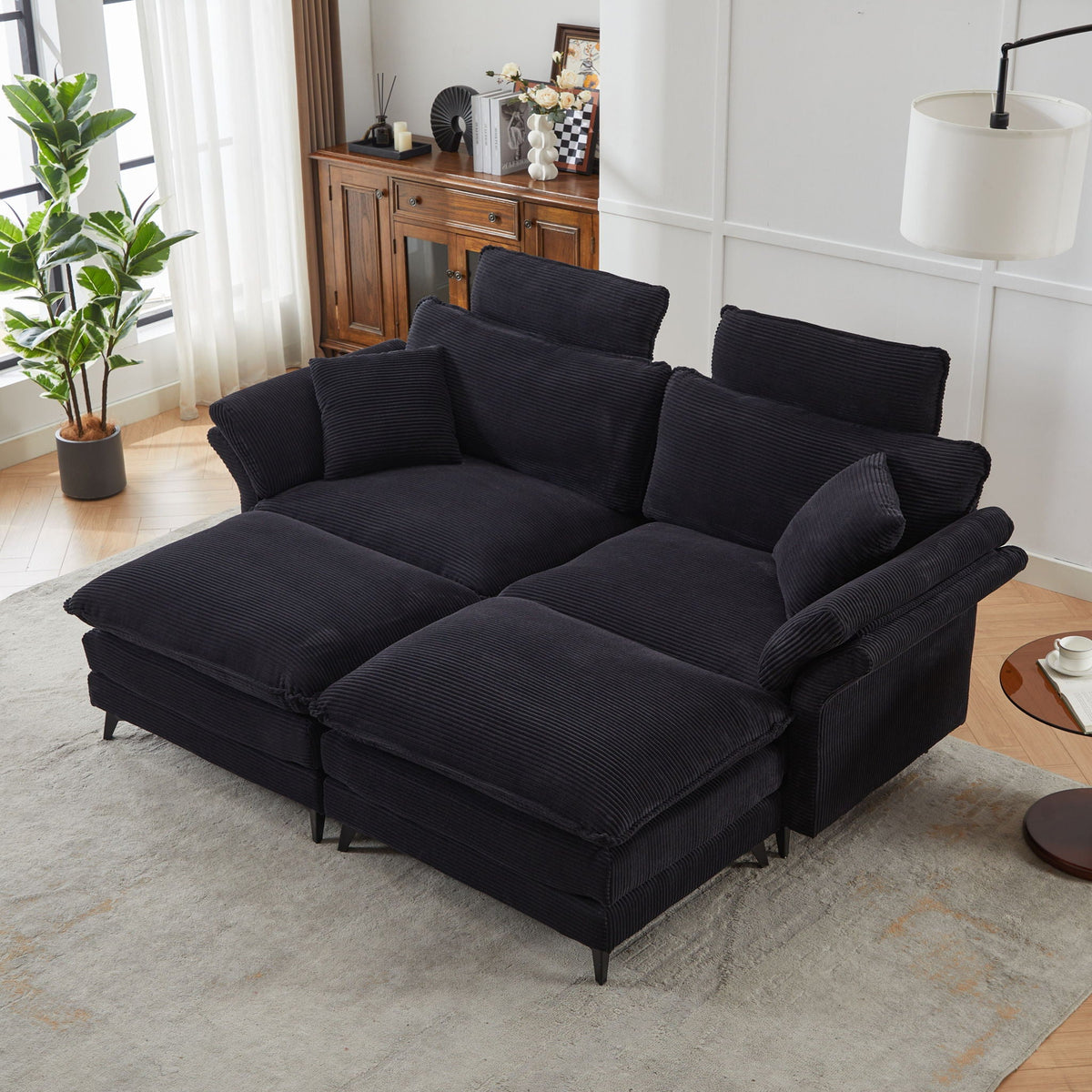 Modern Deep Seat Sectional Sofa with Ottoman 3-piece set in black corduroy HouseOfZazla on Tampa Home & Garden Store