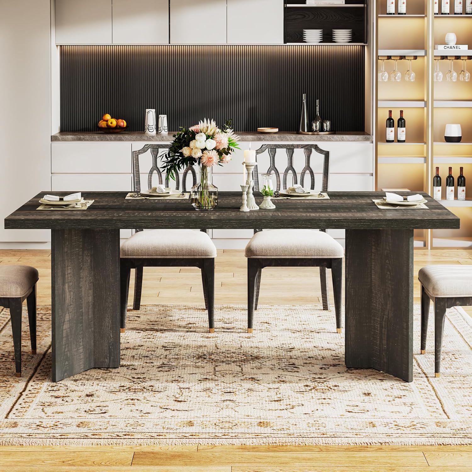 Dining Table For 4-6 People with thick dark wood top in a modern kitchen setting on Tampa Home & Garden Store