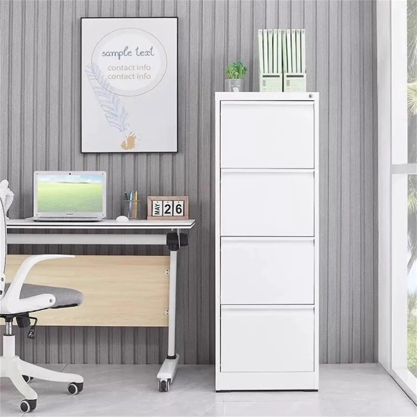 3-drawer metal filing cabinet with a lock in white, ideal office storage beside a desk on Tampa Home & Garden Store
