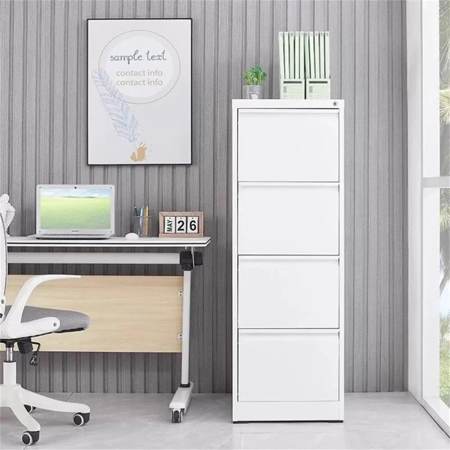 3-drawer metal filing cabinet with a lock in white, ideal office storage beside a desk on Tampa Home & Garden Store