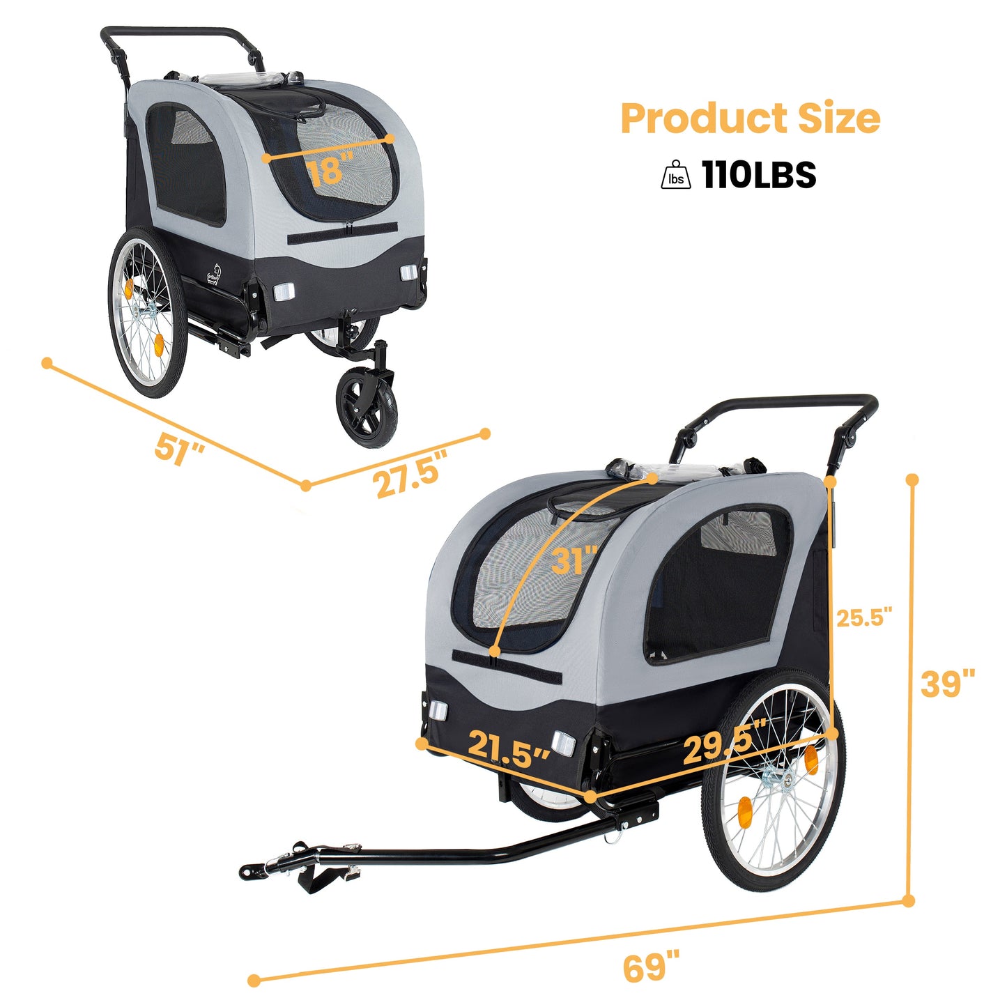HouseOfZazla 2-in-1 Bike Trailer & Pet Stroller gray fabric, mesh windows, 110 lb capacity on Tampa Home & Garden Store