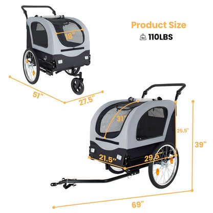 HouseOfZazla 2-in-1 Bike Trailer & Pet Stroller gray fabric, mesh windows, 110 lb capacity on Tampa Home & Garden Store