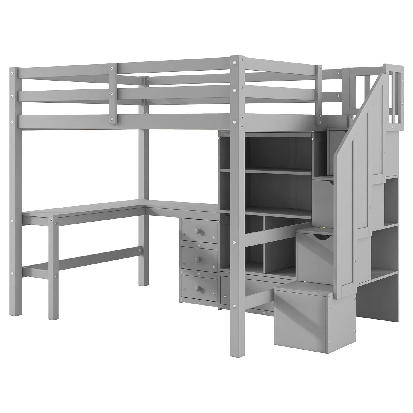 Loft bed in gray with L-shaped desk, drawers, cabinet and storage staircase on Tampa Home & Garden Store