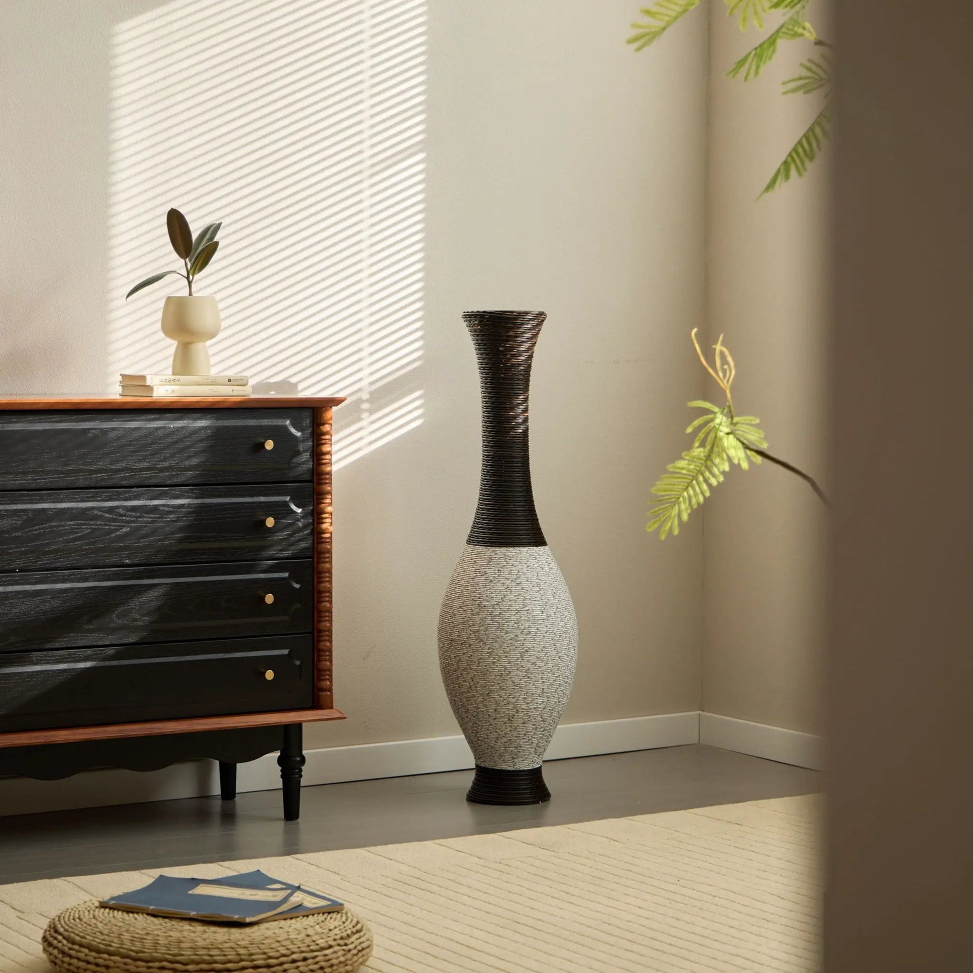 Tall Designer Floor Vase two-tone dark brown and light beige woven texture on Tampa Home & Garden Store