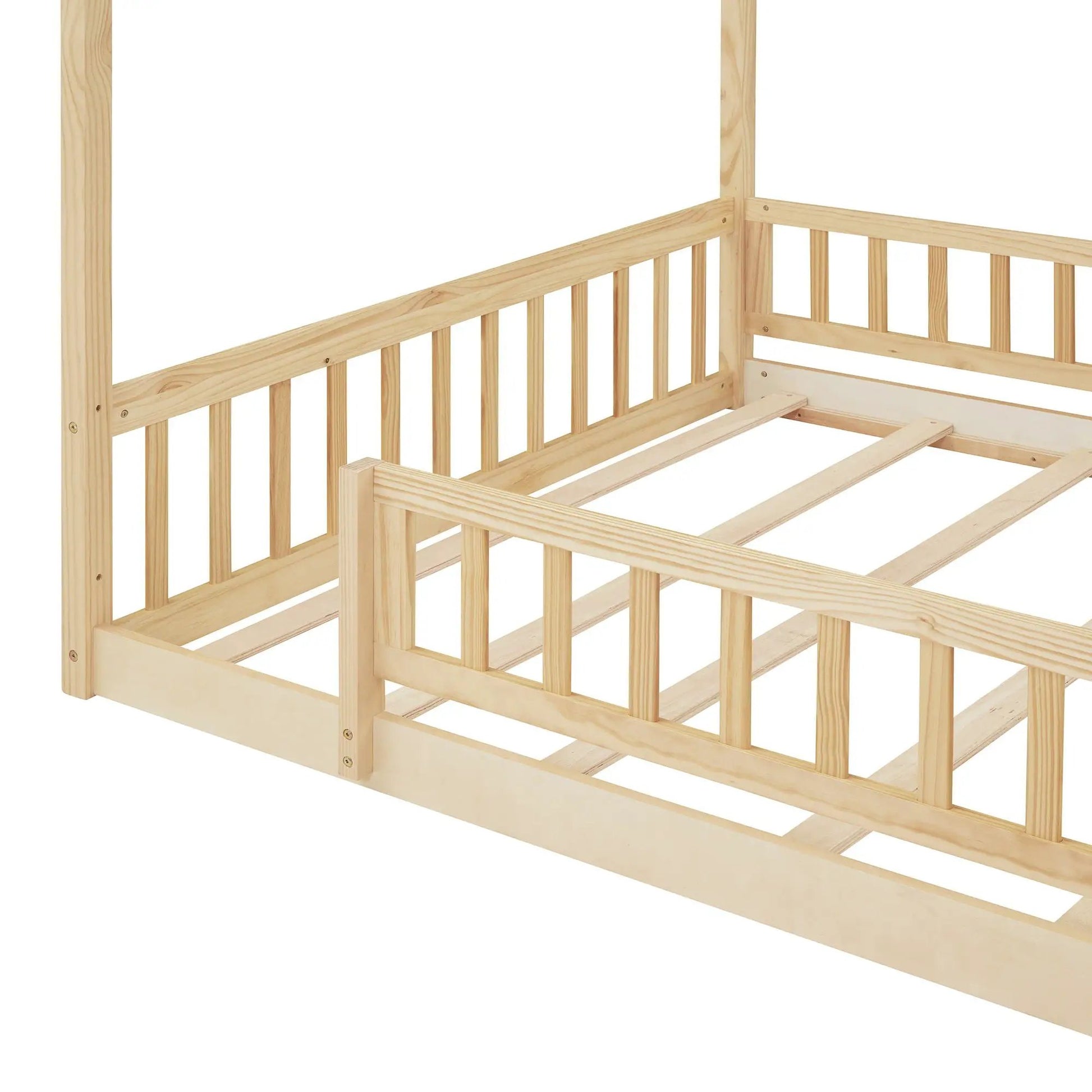 Bed House Bed Frame With Fence canopy bed in natural pine finish with fence-style rails and vertical slats on Tampa Home & Garden Store