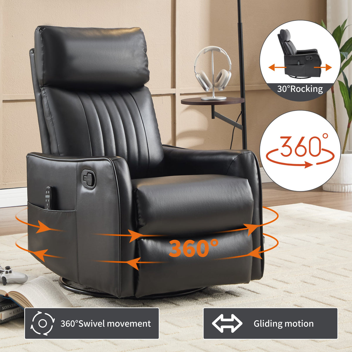 Black faux leather heat massage manual recliner chair by HouseOfZazla, 360° swivel base on Tampa Home & Garden Store