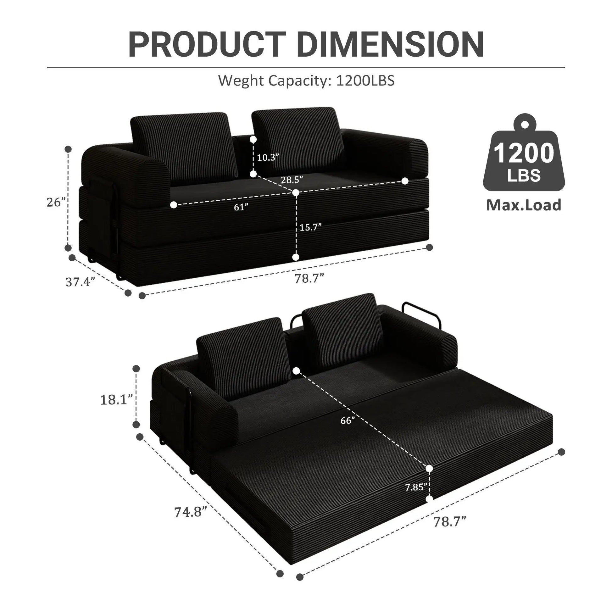 Convertible sleeper sofa bed with cylindrical pillow, black fabric by Unique Piece Furniture on Tampa Home & Garden Store